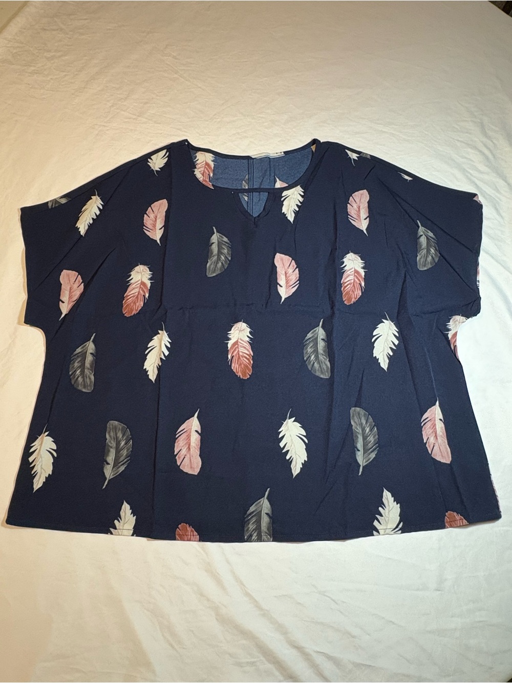 Navy Feather Print Short Sleeve Blouse